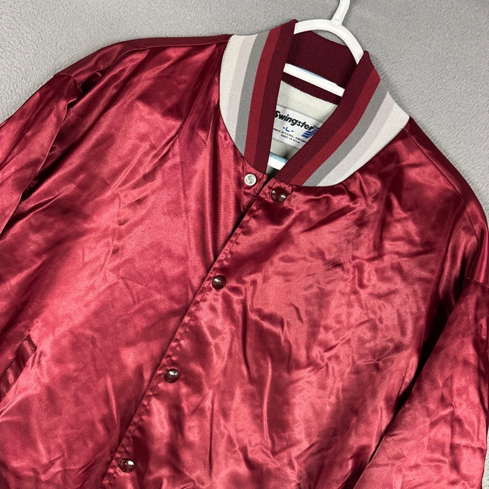 Swingster Bomber Jacket Mens Large Burgundy Vintage Hawks Satin Snap Front USA